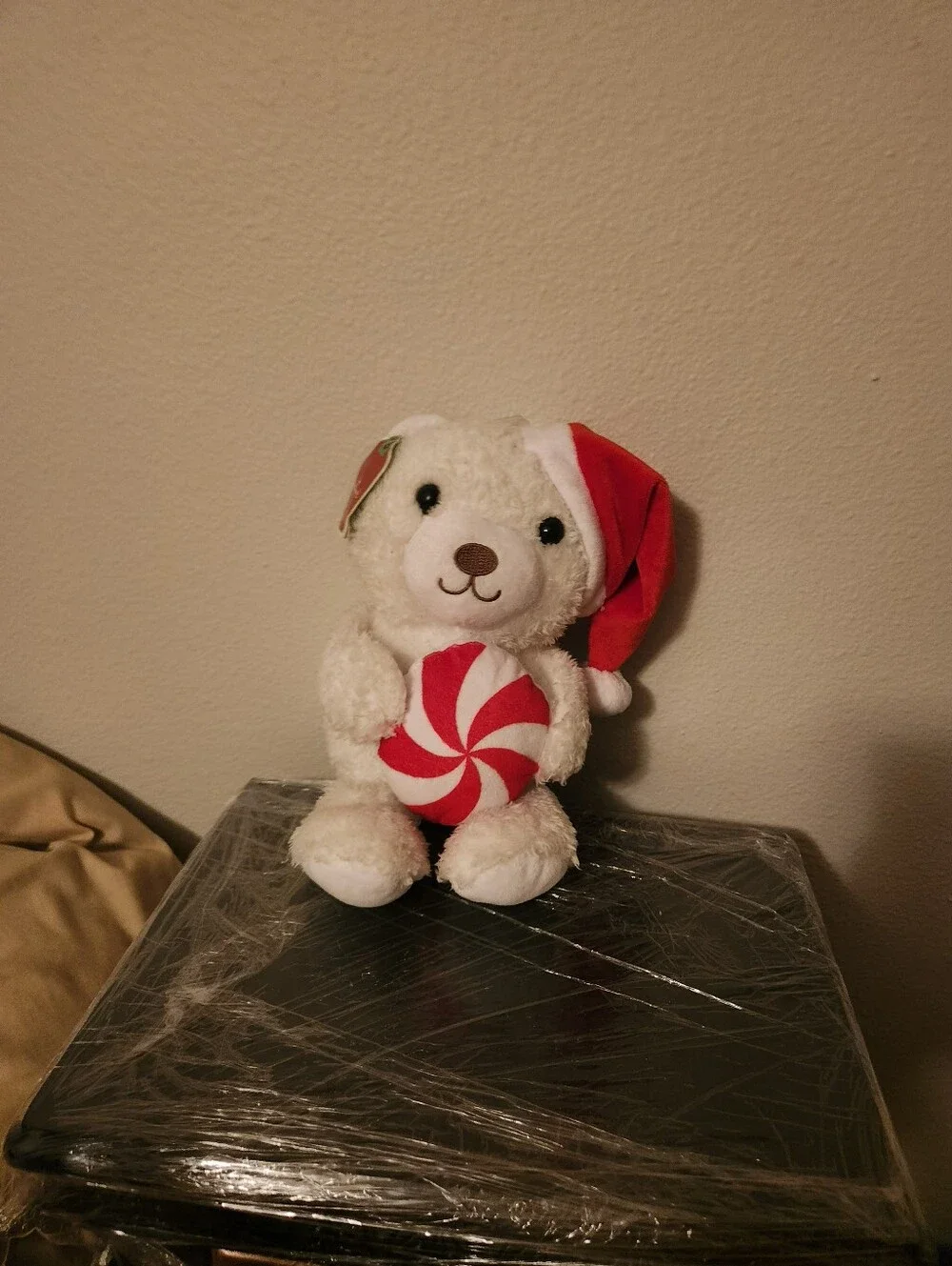 Hallmark White Plush Bear with Red Santa Hat and Peppermint Pillow